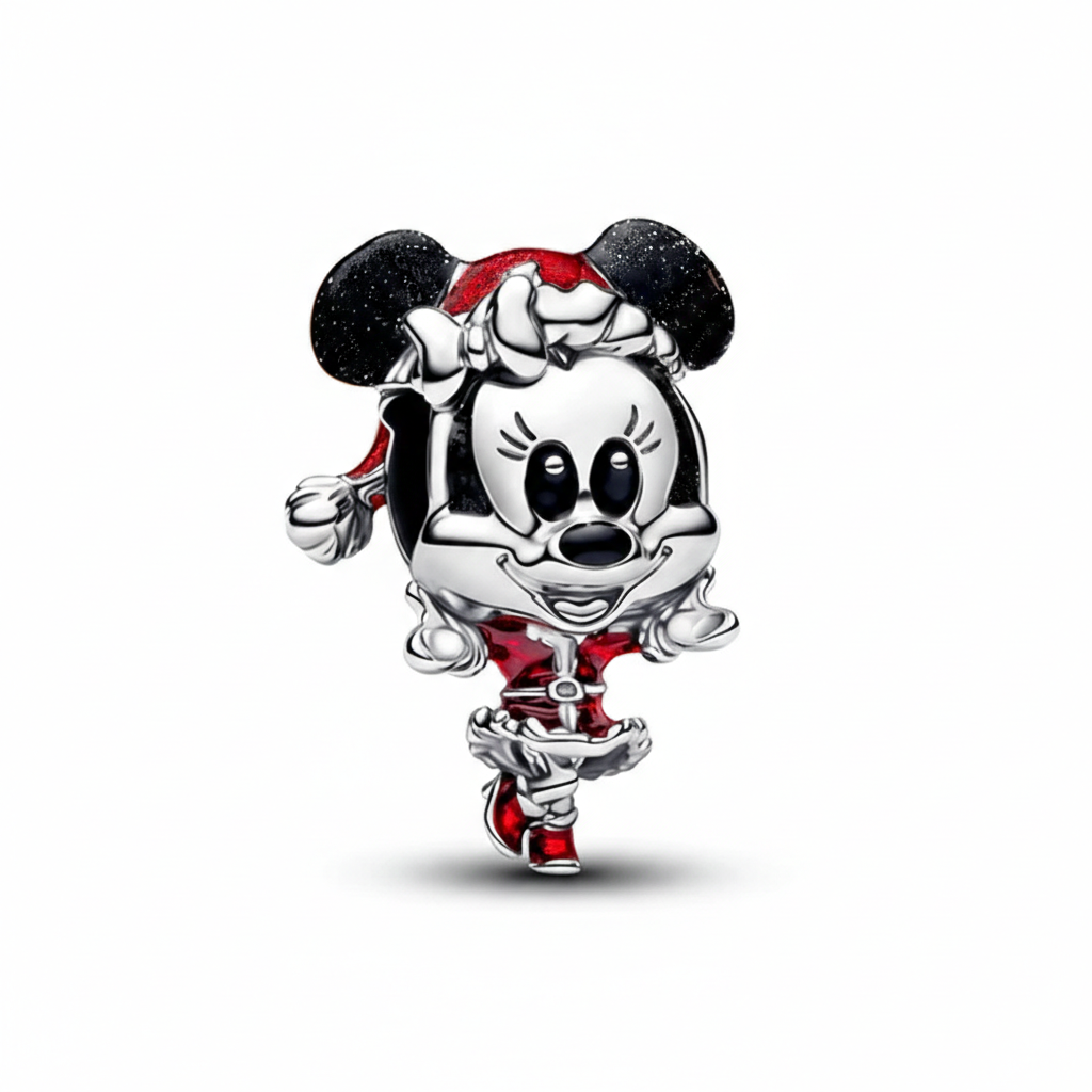 Verspielter Comic-Maus Charm – Silber-Rot mit Schleife