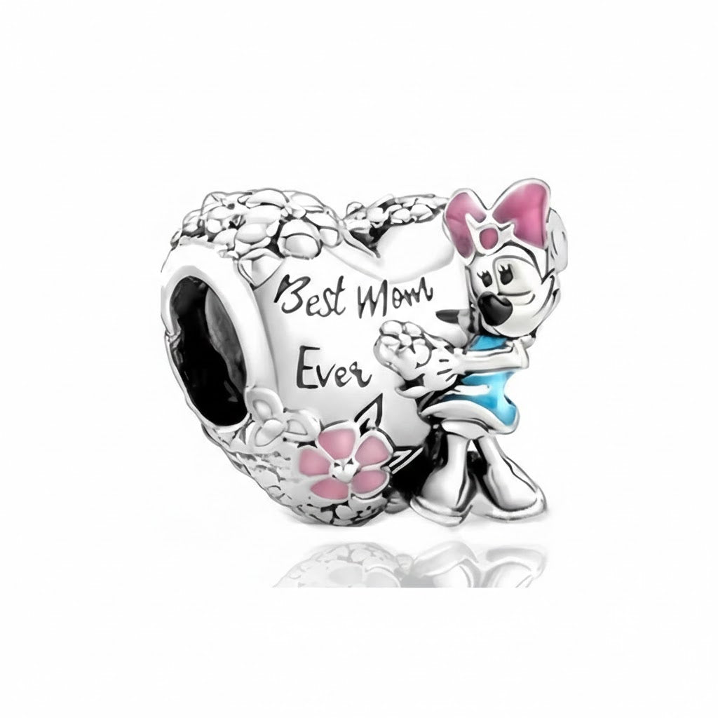 Herz-Charm „Best Mom Ever“ mit Comic-Maus – Silber & Rosa