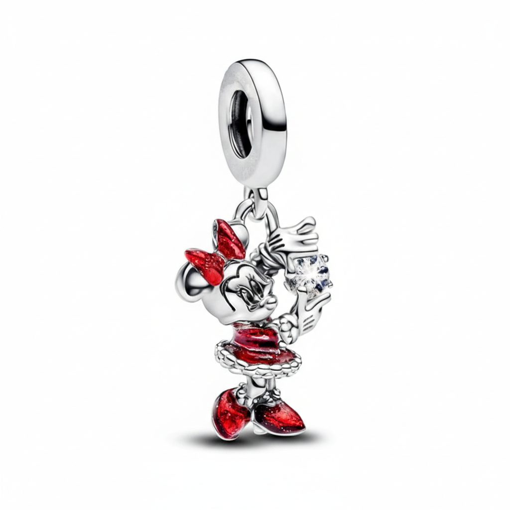 Hängender Comic-Maus Charm – Silber-Rot mit Glitzerstein