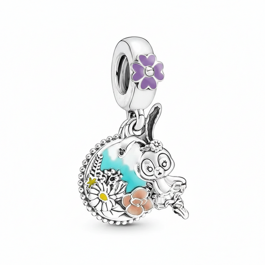 Hängender Cartoon-Reh Charm – Silber mit Blumen & Pastellfarben