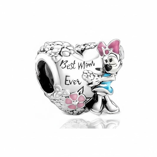 Herz-Charm „Best Mom Ever“ mit Comic-Maus – Silber & Rosa